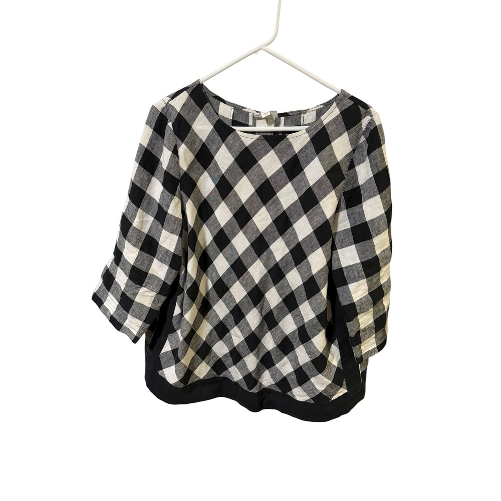 J. Jill Love Linen Size Large Black White‎ Buffalo Plaid Lagenlook Blouse Top